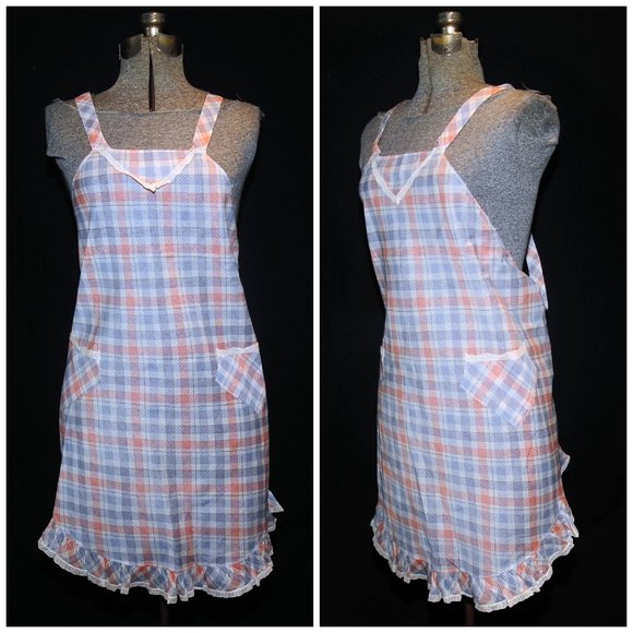 Vintage 70's Orange & Blue Plaid Check Full Bib Apron w/ Lace Criss Cross Back - Picture 1 of 11
